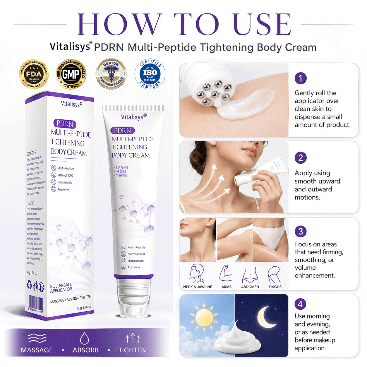 HISKIN®💟PDRN Multi-Peptide Massaging Body Roller Cream- Anti-aging, Hydrating, Skin Firming & Lifting, Skin Repair, Even Tone, Acne and Dark Spot Treatment, Wart and Mole Removal, and Psoriasis Relief