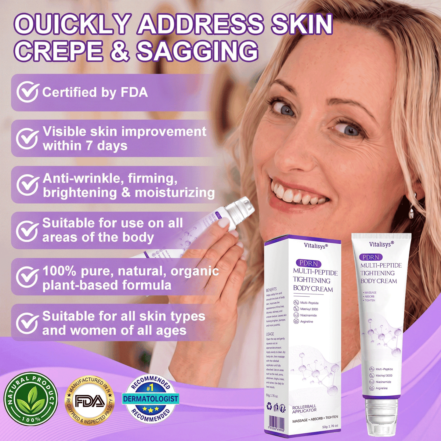 HISKIN®💟PDRN Multi-Peptide Massaging Body Roller Cream- Anti-aging, Hydrating, Skin Firming & Lifting, Skin Repair, Even Tone, Acne and Dark Spot Treatment, Wart and Mole Removal, and Psoriasis Relief