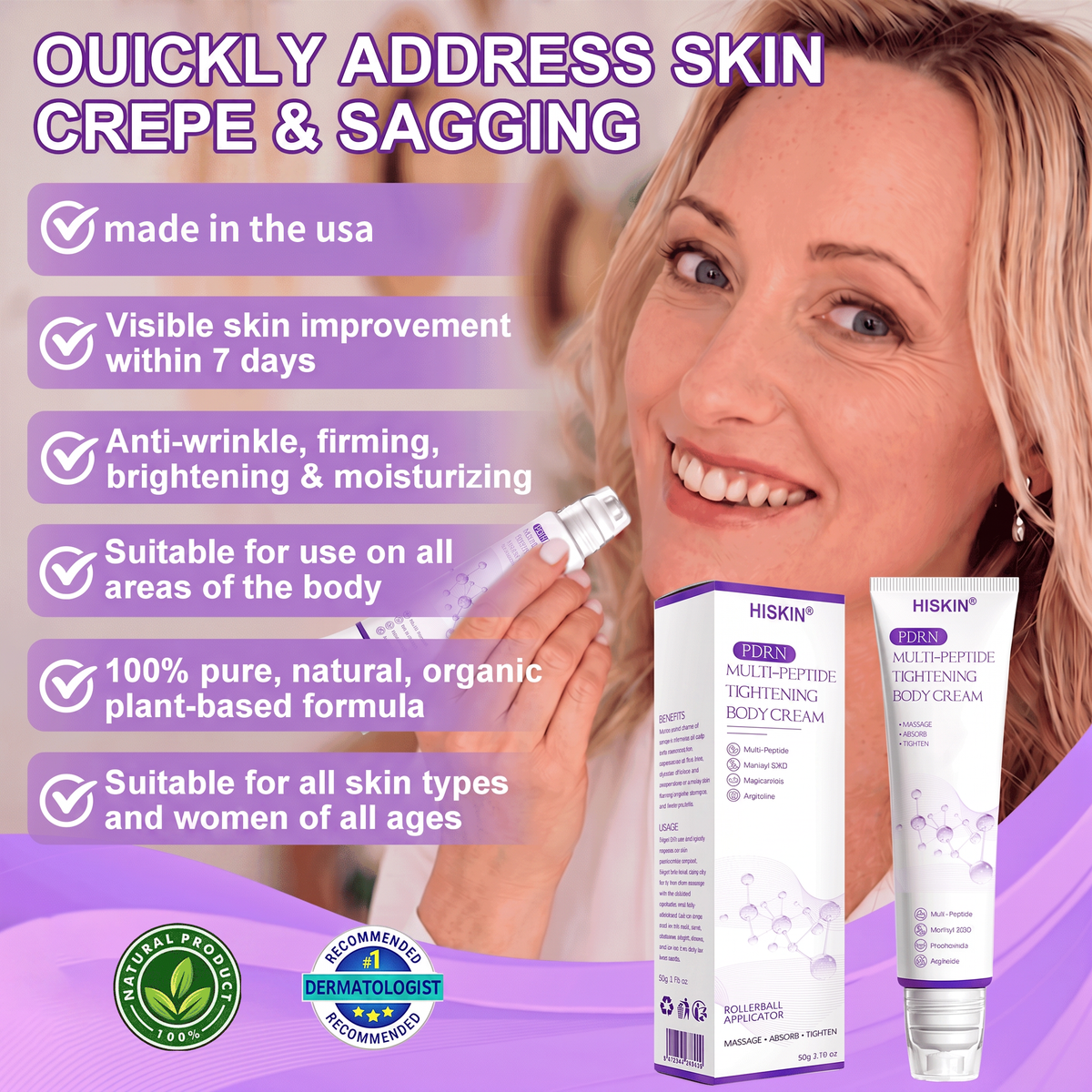 HISKIN®💟PDRN Multi-Peptide Massaging Body Roller Cream- Anti-aging, Hydrating, Skin Firming & Lifting, Skin Repair, Even Tone, Acne and Dark Spot Treatment, Wart and Mole Removal, and Psoriasis Relief