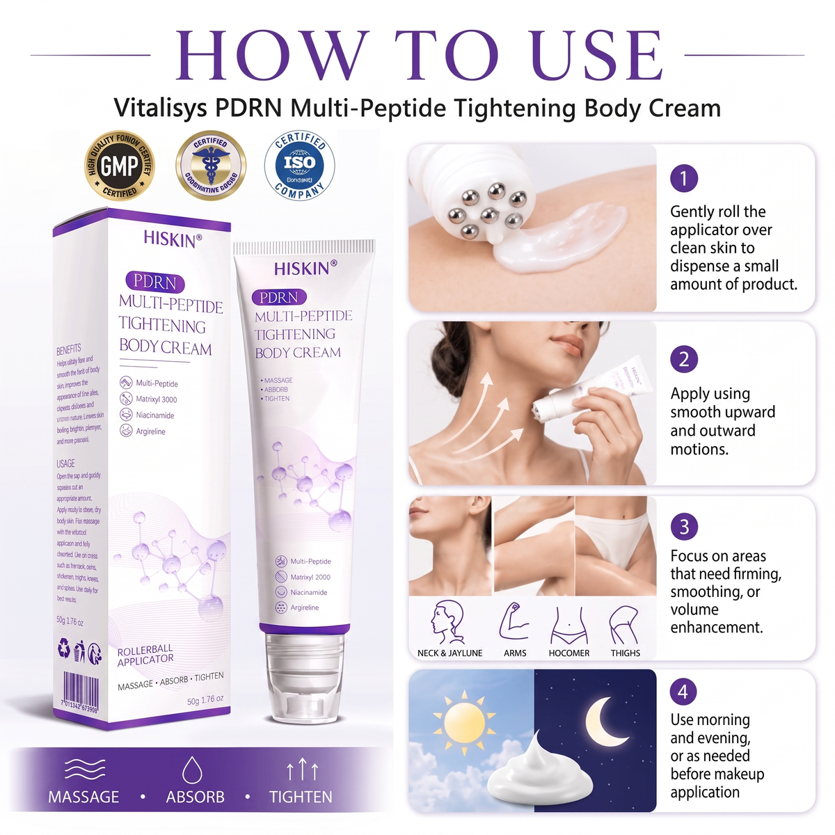 HISKIN®💟PDRN Multi-Peptide Massaging Body Roller Cream- Anti-aging, Hydrating, Skin Firming & Lifting, Skin Repair, Even Tone, Acne and Dark Spot Treatment, Wart and Mole Removal, and Psoriasis Relief